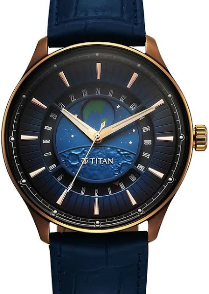 Titan Stellar Analog with Earth Disc and Blue Dial Blue Leather Strap Watch for Men - Gallery 3