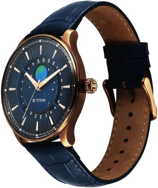 Titan Stellar Analog with Earth Disc and Blue Dial Blue Leather Strap Watch for Men - Gallery 4